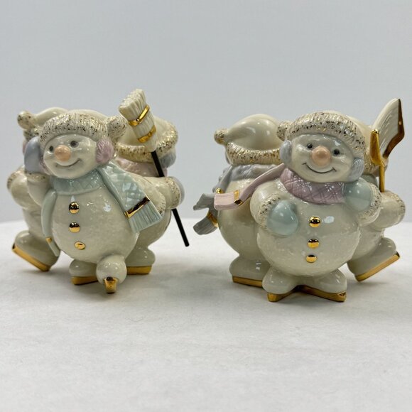 Vintage Set of 2 Lenox Snowmen Trio Skating by Candlelight Candle Holders Taper - Picture 3 of 16